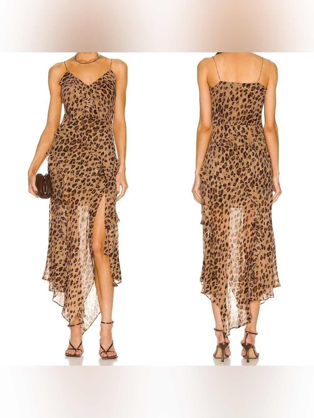 Veronica Beard Leopard Print 100% Silk Ruffle Maxi Dress Size 8 Asymmetrical